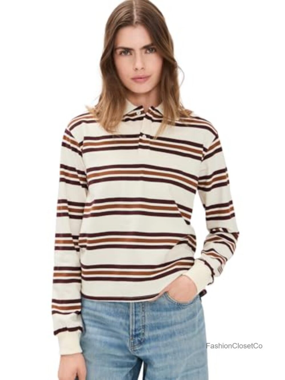 Women's Long Sleeve Polo Shirt Stripe Pattern Lightweight Cotton